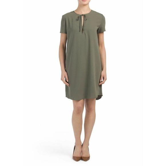 Theory Antazie Tie Front Shift Mini Dress Drapey Crepe in Military Green, Size 8 - Picture 2 of 9